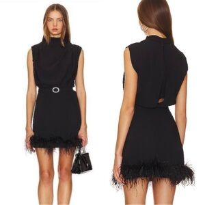 Amanda Uprichard Sullivan Mini Dress Black Feather Trim Crystal Belt XS NWT